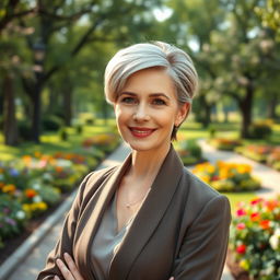 An elegant and attractive Russian woman aged 45-50 with a fashionable hairstyle, exuding sophistication