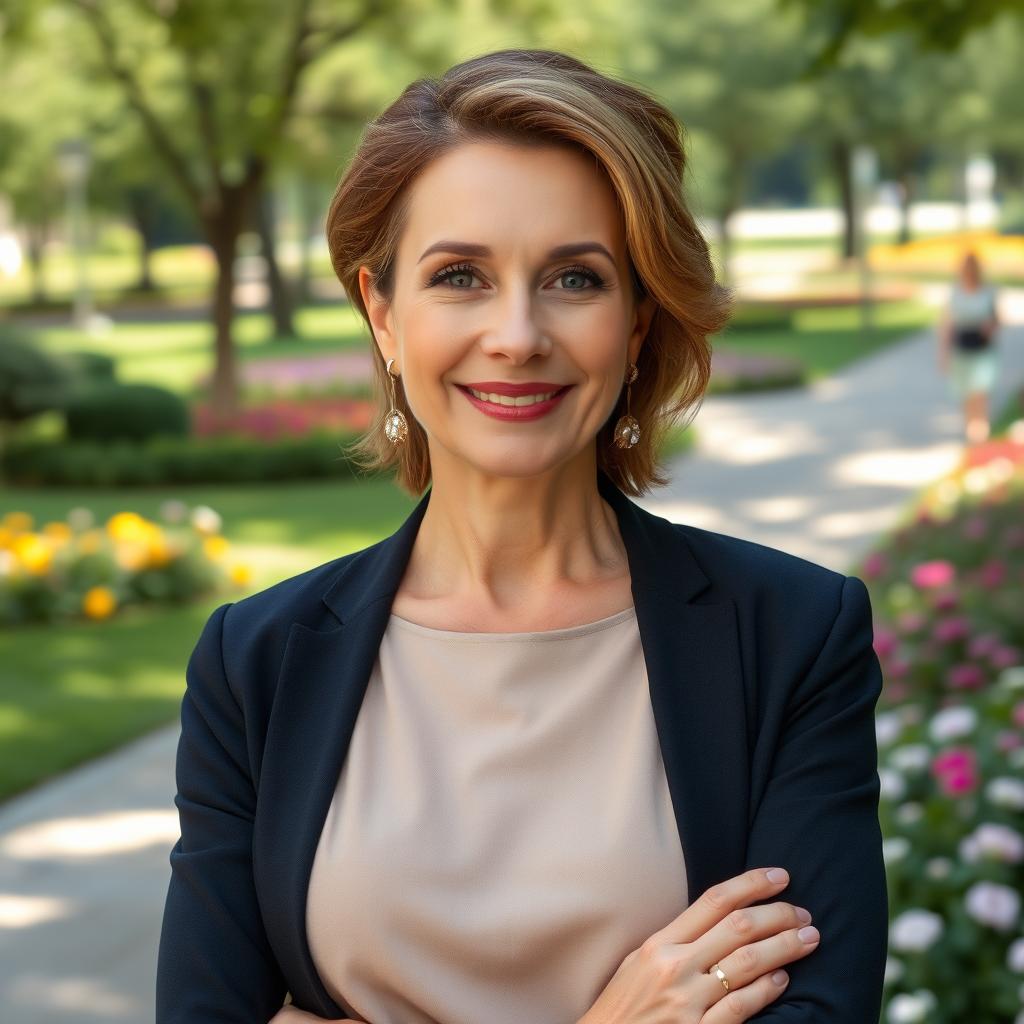 An elegant and attractive Russian woman aged 45-50 with a fashionable hairstyle, exuding sophistication