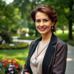 An elegant and attractive Russian woman aged 45-50 with a fashionable hairstyle, exuding sophistication