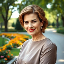 An elegant and attractive Russian woman aged 45-50 with a fashionable hairstyle, exuding sophistication