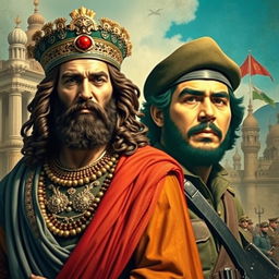 A surreal and imaginative portrait featuring Cyrus the Great, an ancient Persian king, depicted in traditional Achaemenid attire with intricate details, standing proudly next to Che Guevara, the iconic revolutionary figure, wearing his signature beret and military fatigues