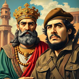 A surreal and imaginative portrait featuring Cyrus the Great, an ancient Persian king, depicted in traditional Achaemenid attire with intricate details, standing proudly next to Che Guevara, the iconic revolutionary figure, wearing his signature beret and military fatigues
