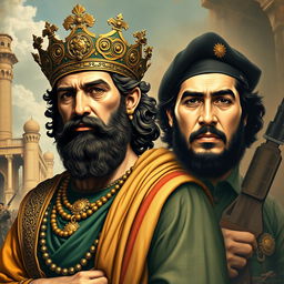 A surreal and imaginative portrait featuring Cyrus the Great, an ancient Persian king, depicted in traditional Achaemenid attire with intricate details, standing proudly next to Che Guevara, the iconic revolutionary figure, wearing his signature beret and military fatigues