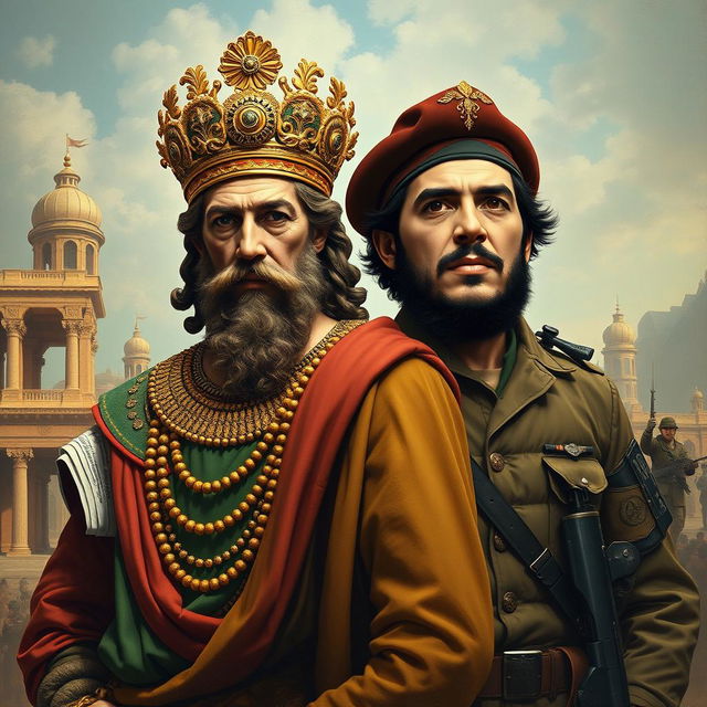 A surreal and imaginative portrait featuring Cyrus the Great, an ancient Persian king, depicted in traditional Achaemenid attire with intricate details, standing proudly next to Che Guevara, the iconic revolutionary figure, wearing his signature beret and military fatigues