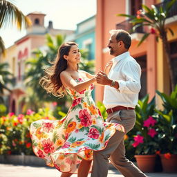 A romantic scene of a Cuban couple dancing on a warm summer day, embodying passion and joy