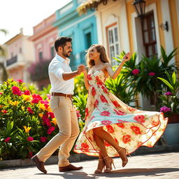 A romantic scene of a Cuban couple dancing on a warm summer day, embodying passion and joy