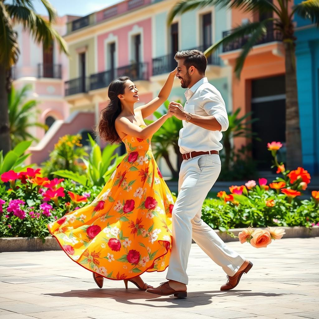 A romantic scene of a Cuban couple dancing on a warm summer day, embodying passion and joy