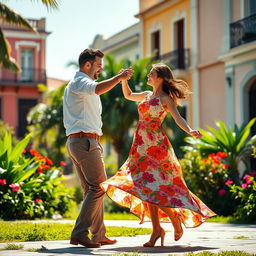 A romantic scene of a Cuban couple dancing on a warm summer day, embodying passion and joy