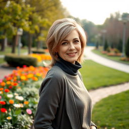 A captivating Russian woman aged 45-50 with a trendy and stylish hairstyle that reflects her personality