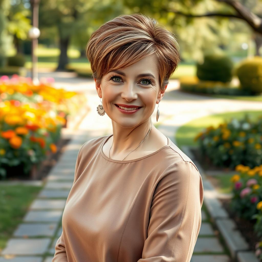 A captivating Russian woman aged 45-50 with a trendy and stylish hairstyle that reflects her personality