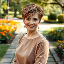 A captivating Russian woman aged 45-50 with a trendy and stylish hairstyle that reflects her personality