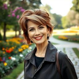 A captivating Russian woman aged 45-50 with a trendy and stylish hairstyle that reflects her personality