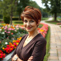 A captivating Russian woman aged 45-50 with a trendy and stylish hairstyle that reflects her personality