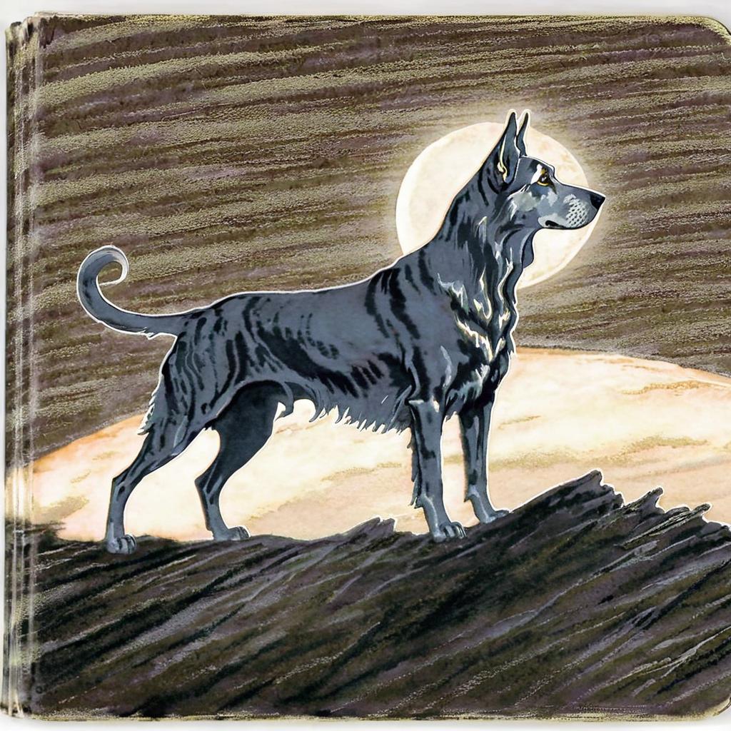 A book cover featuring a large hound glowing on the Scottish Moors with a moon behind it.  Very gothic, atmospheric, and spooky.  Lush colors.  no words or lettering