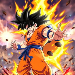 A dynamic and vibrant fusion of Goku from Dragon Ball and Typhlosion from Pokémon, showcasing a muscular character with spiky black hair and fiery flames erupting from their back, reminiscent of Typhlosion's fire characteristics