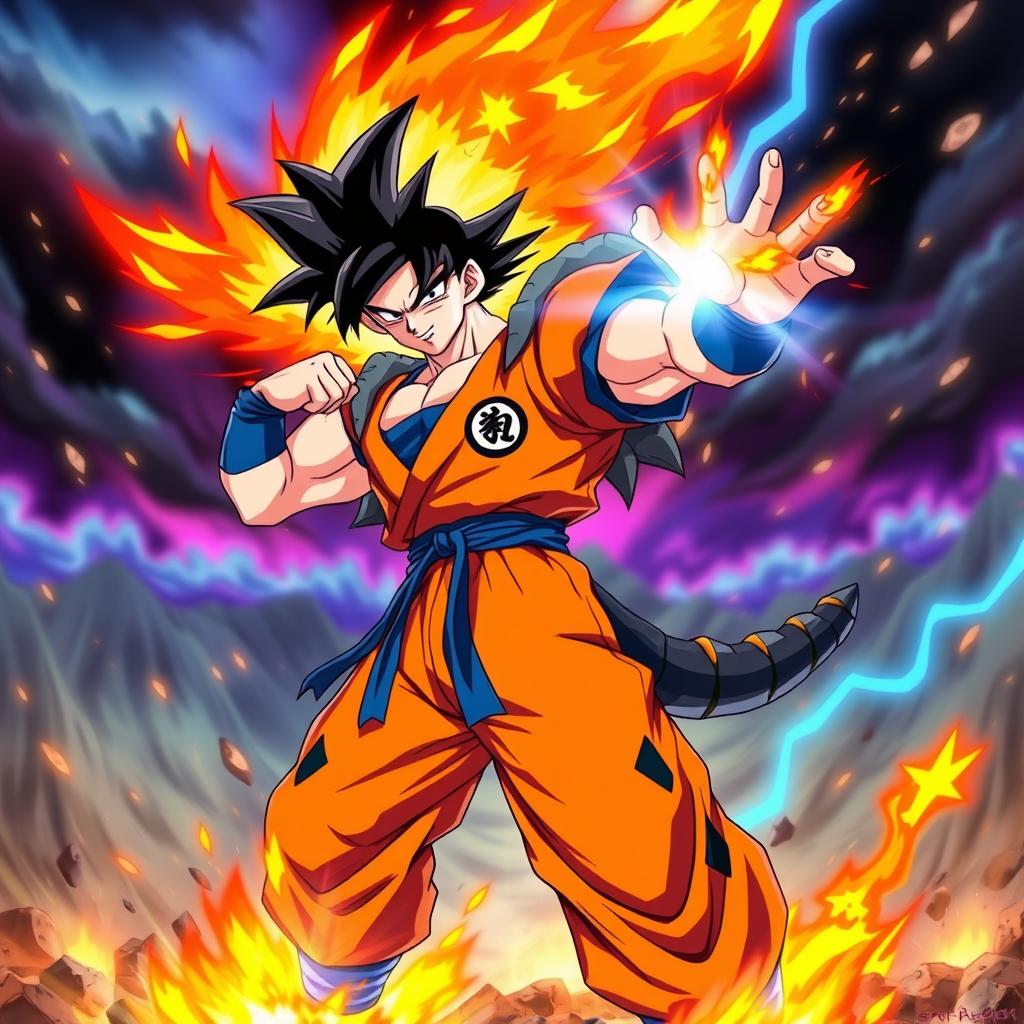 A dynamic and vibrant fusion of Goku from Dragon Ball and Typhlosion from Pokémon, showcasing a muscular character with spiky black hair and fiery flames erupting from their back, reminiscent of Typhlosion's fire characteristics