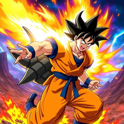 A dynamic and vibrant fusion of Goku from Dragon Ball and Typhlosion from Pokémon, showcasing a muscular character with spiky black hair and fiery flames erupting from their back, reminiscent of Typhlosion's fire characteristics