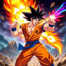 A dynamic and vibrant fusion of Goku from Dragon Ball and Typhlosion from Pokémon, showcasing a muscular character with spiky black hair and fiery flames erupting from their back, reminiscent of Typhlosion's fire characteristics