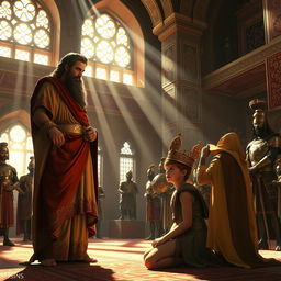 A majestic scene depicting Cyrus the Great, a tall and noble figure with a regal beard and Persian attire, preparing to crown his son with a golden crown