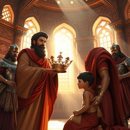 A majestic scene depicting Cyrus the Great, a tall and noble figure with a regal beard and Persian attire, preparing to crown his son with a golden crown