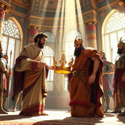 A majestic scene depicting Cyrus the Great, a tall and noble figure with a regal beard and Persian attire, preparing to crown his son with a golden crown