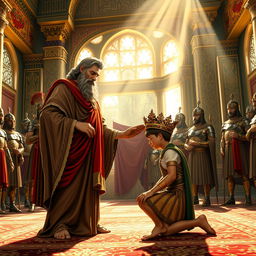 A majestic scene depicting Cyrus the Great, a tall and noble figure with a regal beard and Persian attire, preparing to crown his son with a golden crown