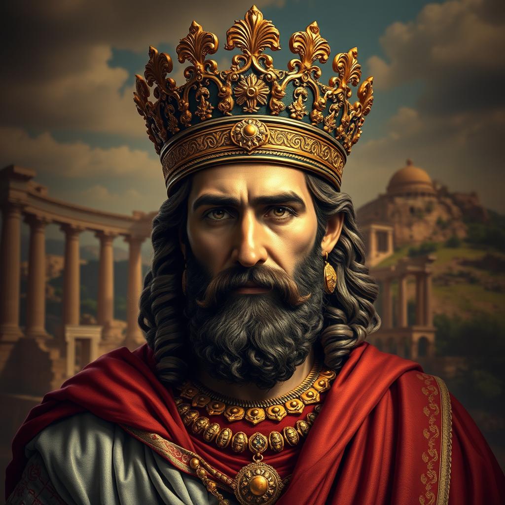 A majestic portrait of Cyrus the Great, wearing a beautifully ornate crown adorned with intricate gold details, set against a rich historical backdrop reminiscent of ancient Persia