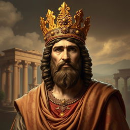 A majestic portrait of Cyrus the Great, wearing a beautifully ornate crown adorned with intricate gold details, set against a rich historical backdrop reminiscent of ancient Persia
