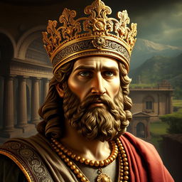 A majestic portrait of Cyrus the Great, wearing a beautifully ornate crown adorned with intricate gold details, set against a rich historical backdrop reminiscent of ancient Persia
