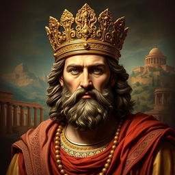 A majestic portrait of Cyrus the Great, wearing a beautifully ornate crown adorned with intricate gold details, set against a rich historical backdrop reminiscent of ancient Persia