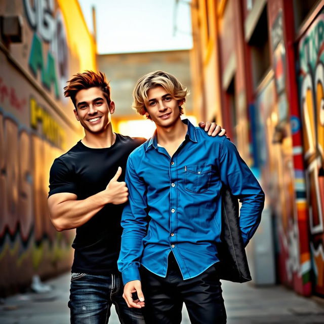 A dynamic and engaging scene featuring two male figures standing side by side, exuding confidence and charisma