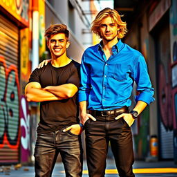 A dynamic and engaging scene featuring two male figures standing side by side, exuding confidence and charisma