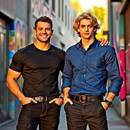 A dynamic and engaging scene featuring two male figures standing side by side, exuding confidence and charisma