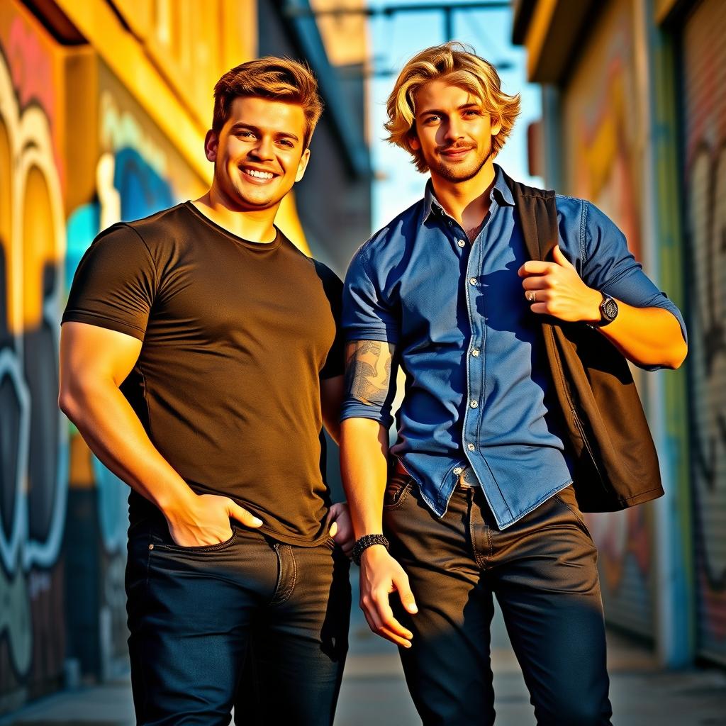 A dynamic and engaging scene featuring two male figures standing side by side, exuding confidence and charisma