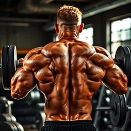 A strong, muscular back of a male bodybuilder, showcasing detailed muscle definition and cuts, with a sunlit gym background