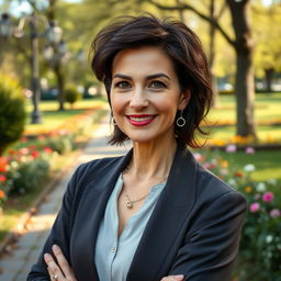 A striking and attractive Russian woman aged 45-50, showcasing a trendy and chic hairstyle that complements her sophisticated look