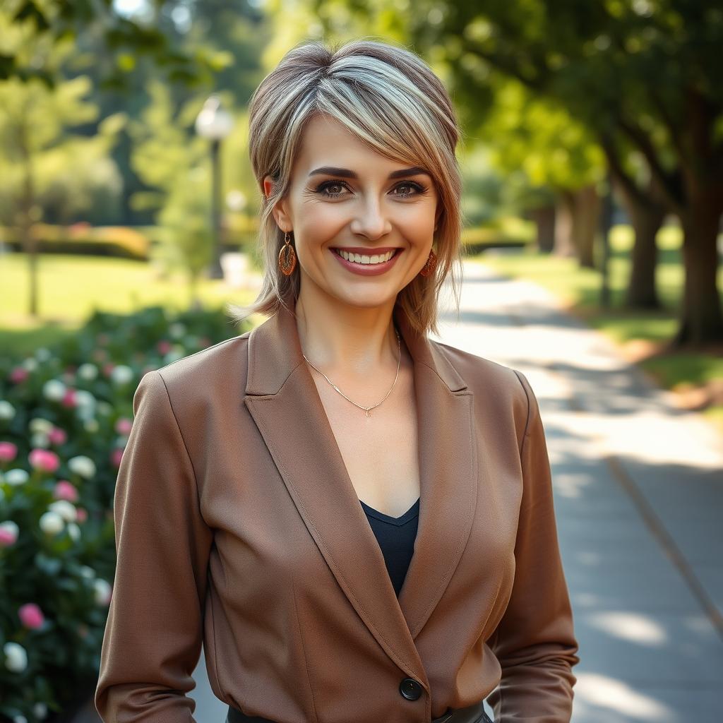 A striking and attractive Russian woman aged 45-50, showcasing a trendy and chic hairstyle that complements her sophisticated look