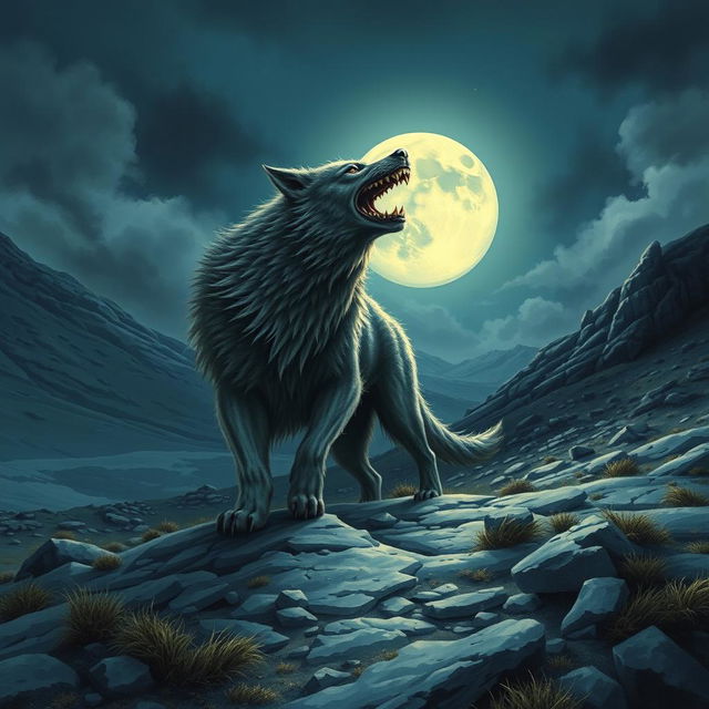 A book cover illustration featuring a large glowing hound snarling menacingly on the barren, rugged Scottish Moors, with a dramatic full moon shining brightly behind it