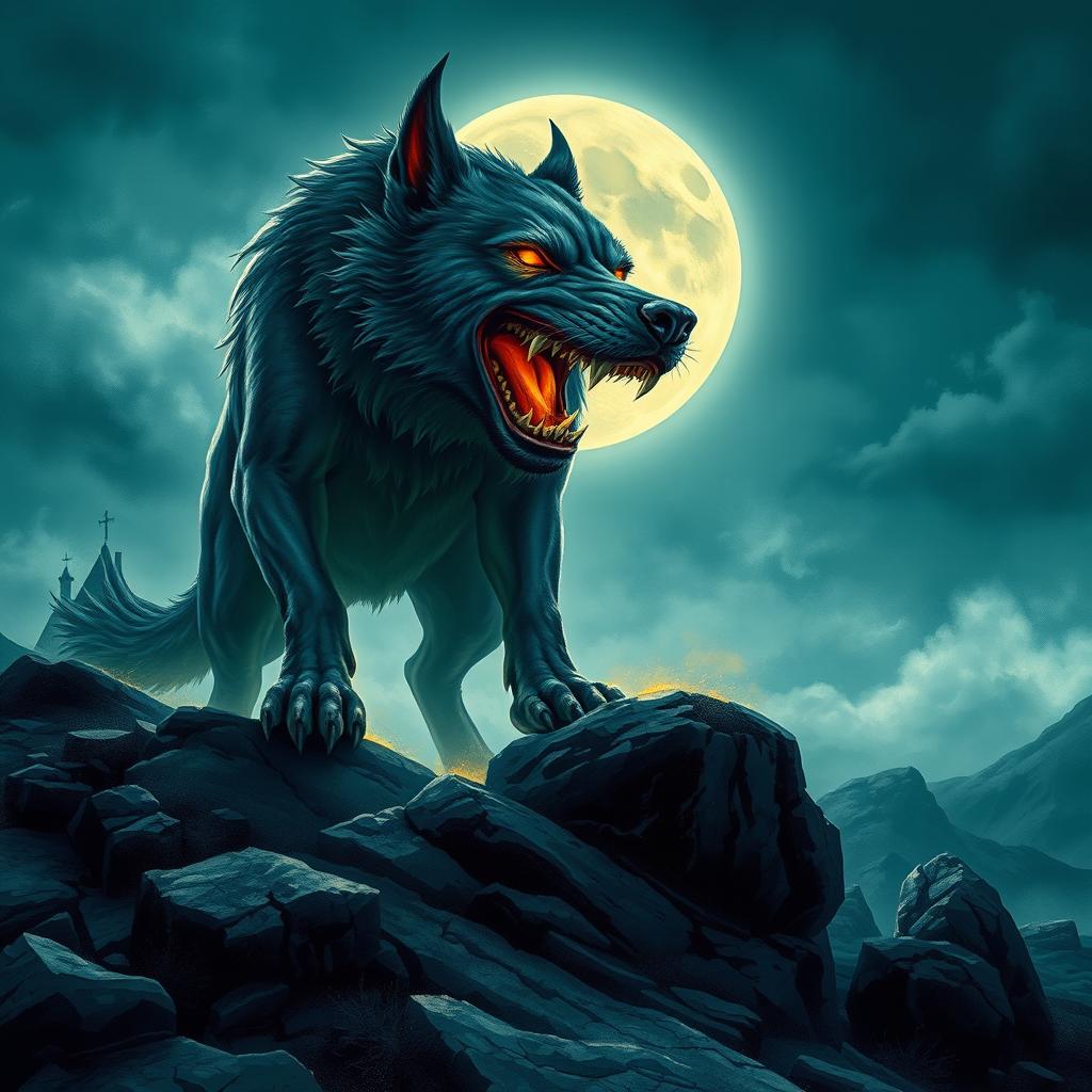 A book cover illustration featuring a large glowing hound snarling menacingly on the barren, rugged Scottish Moors, with a dramatic full moon shining brightly behind it