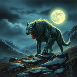 A book cover illustration featuring a large glowing hound snarling menacingly on the barren, rugged Scottish Moors, with a dramatic full moon shining brightly behind it