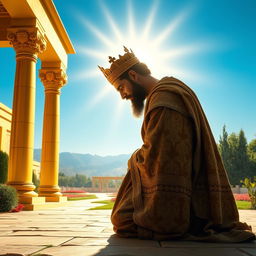 A majestic representation of Cyrus the Great in a historical setting, depicted kneeling in prayer, bowing his head in humility before a radiant light symbolizing God