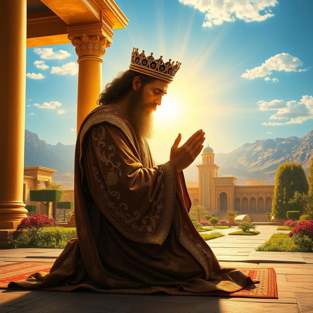 A majestic representation of Cyrus the Great in a historical setting, depicted kneeling in prayer, bowing his head in humility before a radiant light symbolizing God