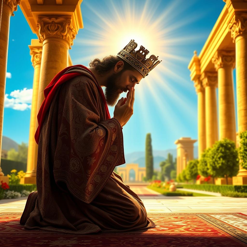 A majestic representation of Cyrus the Great in a historical setting, depicted kneeling in prayer, bowing his head in humility before a radiant light symbolizing God