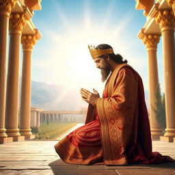 A majestic representation of Cyrus the Great in a historical setting, depicted kneeling in prayer, bowing his head in humility before a radiant light symbolizing God