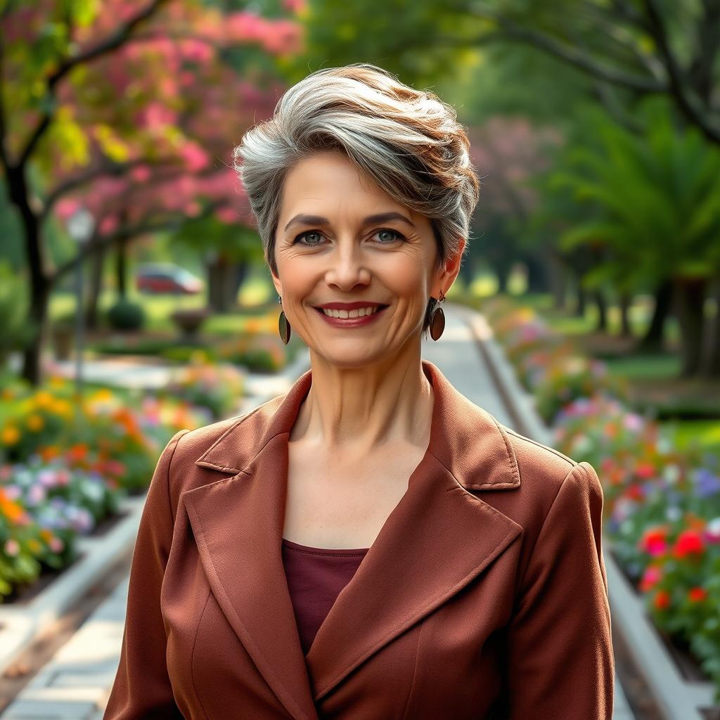 A sophisticated and alluring Russian woman aged 45-50 with a modern, stylish hairstyle that enhances her features