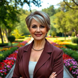 A sophisticated and alluring Russian woman aged 45-50 with a modern, stylish hairstyle that enhances her features