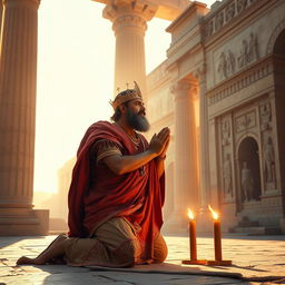 A majestic scene of Cyrus the Great, the ancient Persian king, kneeling in reverence and prayer to God