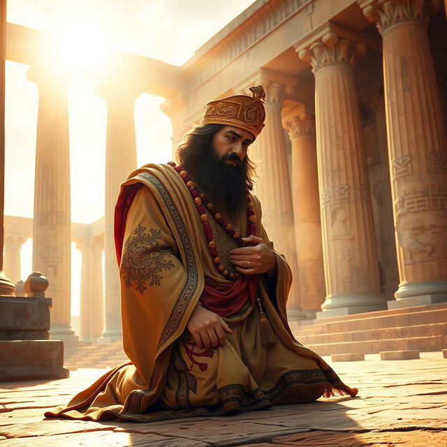 A majestic scene of Cyrus the Great, the ancient Persian king, kneeling in reverence and prayer to God