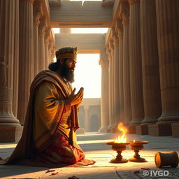 A majestic scene of Cyrus the Great, the ancient Persian king, kneeling in reverence and prayer to God