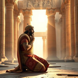 A majestic scene of Cyrus the Great, the ancient Persian king, kneeling in reverence and prayer to God